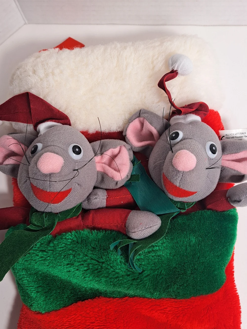Musical Mice Christmas Stocking 3D Mice Santa w/Red Hats & Green Scarfs Vintage